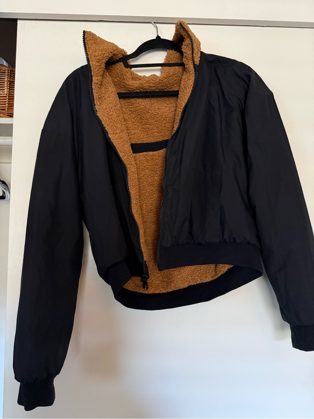 Reversible Black Bomber Jacket with Tan Sherpa Lining